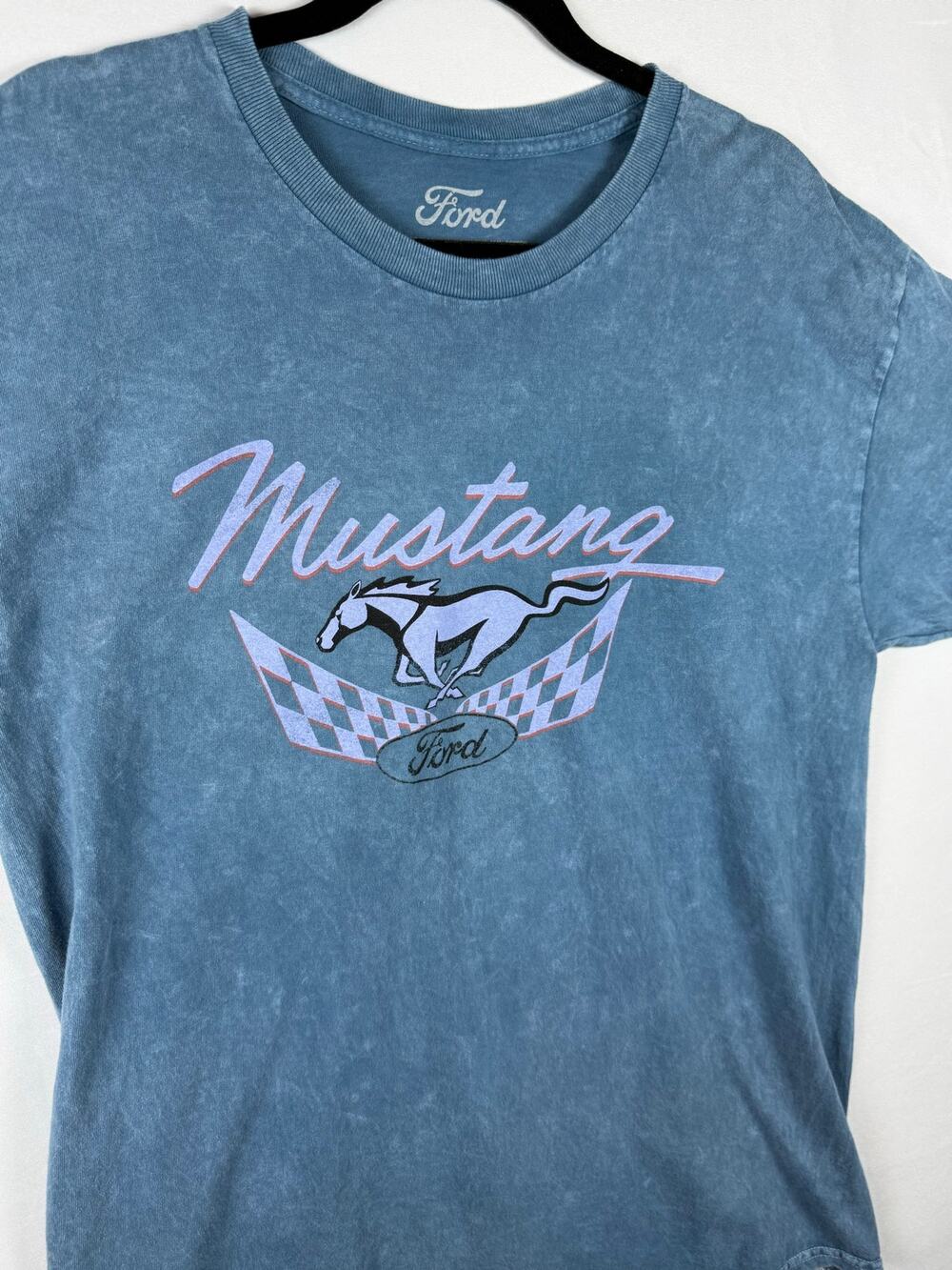 Ford Mustang 1973 Graphic TShirt Large Blue Mineral Wash Double Sided Muscle Car